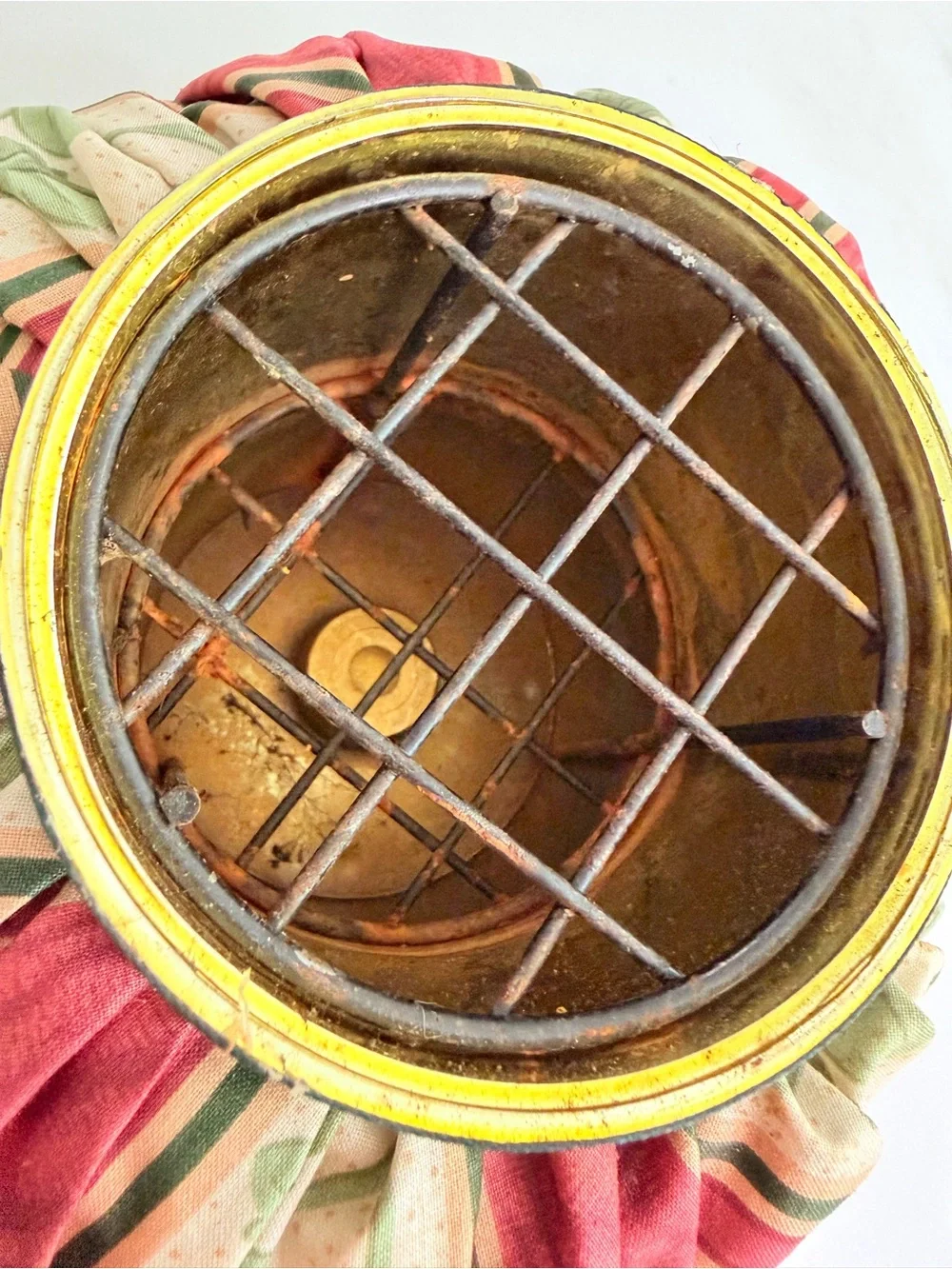vintage fabric pouf flower vase with wire frog grid arranger cottagecore 1980s
